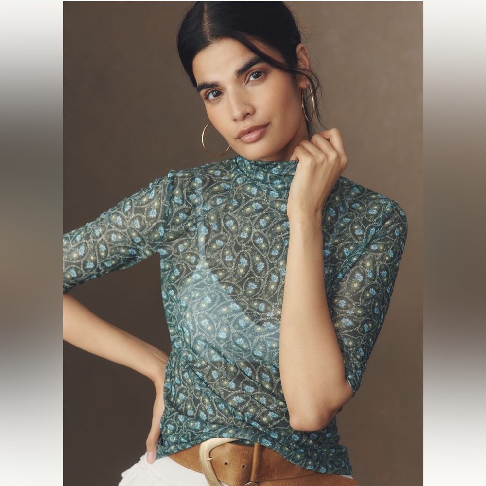 NWT Anthropologie Half-Sleeve Mesh Top Green Paisley Size XXS Women’s MSRP $68